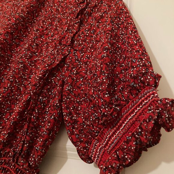 Max Studio Red with Micro Floral Long Dress – Size S – Ruffle Neckline & Smocked - Picture 5 of 6